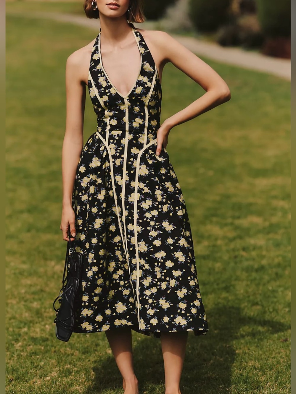 Anthropologie- Maeve Black and Yellow Halter Midi Dress